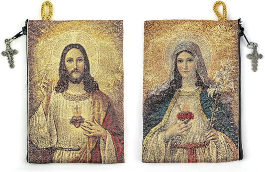 Woven Tapestry Rosary Pouch, Jewelry & Coin Purse - Sacred Heart of Jesus & Immaculate Heart of Mary