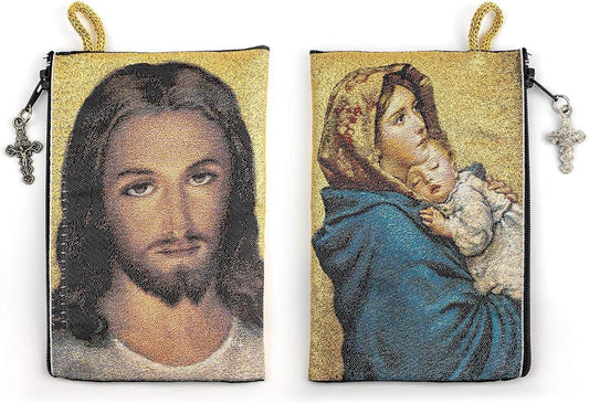 Woven Tapestry Rosary Pouch, Jewelry & Coin Purse - Virgin Mary and Baby Jesus & Face of Christ