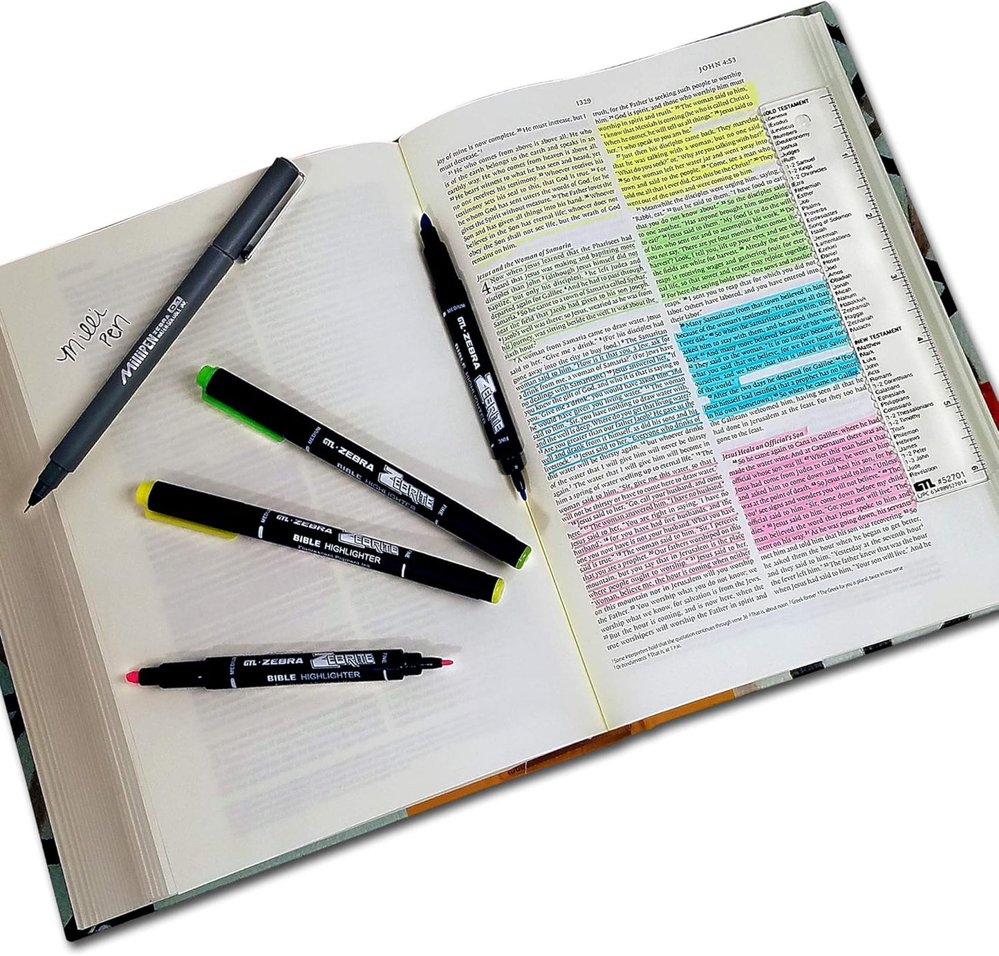 G.T. Luscombe Company, Inc. Zebrite Bible Marking Kit | No Bleed Pigmented Ink | No Fading or Smearing | Double Ended Highlighters, Note Pen & Books of the Bible Ruler/Bookmark (Set of 5 + Ruler)