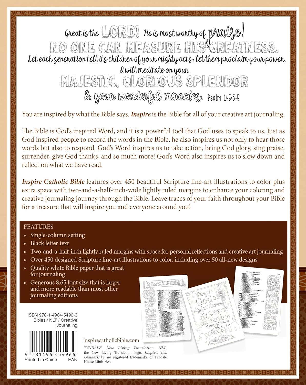 Inspire Catholic Bible NLT (LeatherLike, Dark Brown): The Bible for Coloring & Creative Journaling Imitation Leather