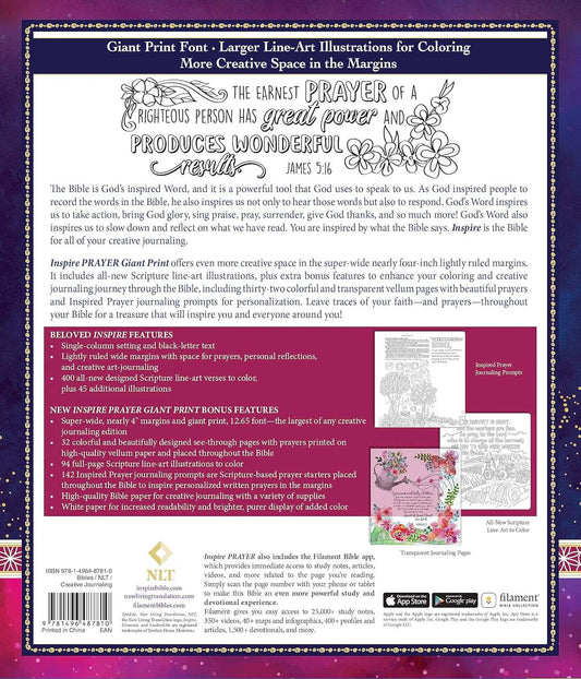 Inspire PRAYER Bible Giant Print NLT, Filament Enabled