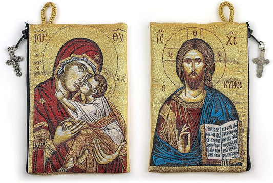 Woven Tapestry Rosary Pouch, Jewelry & Coin Purse - Virgin Mary Sweet Kiss & Jesus King of the Universe
