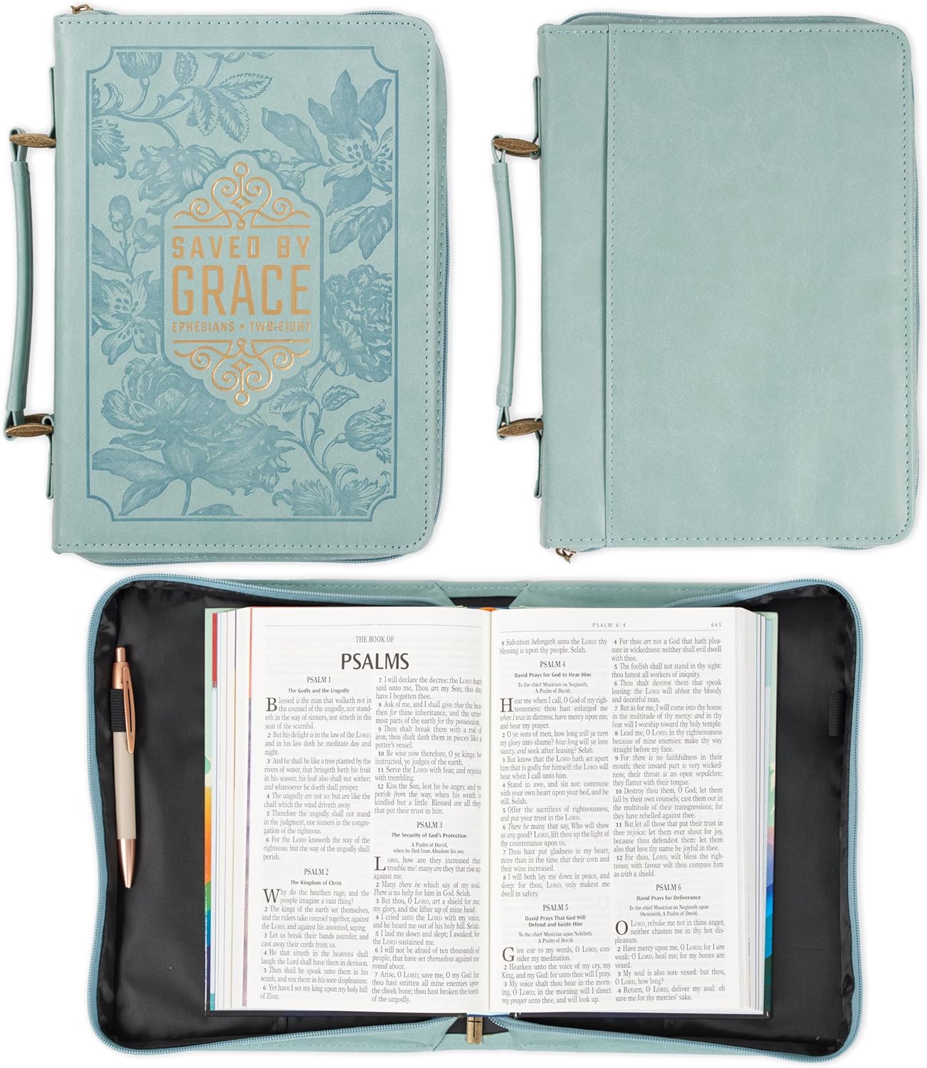 Saved by Grace Teal Faux Leather Fashion Bible Cover - Ephesians 2:8