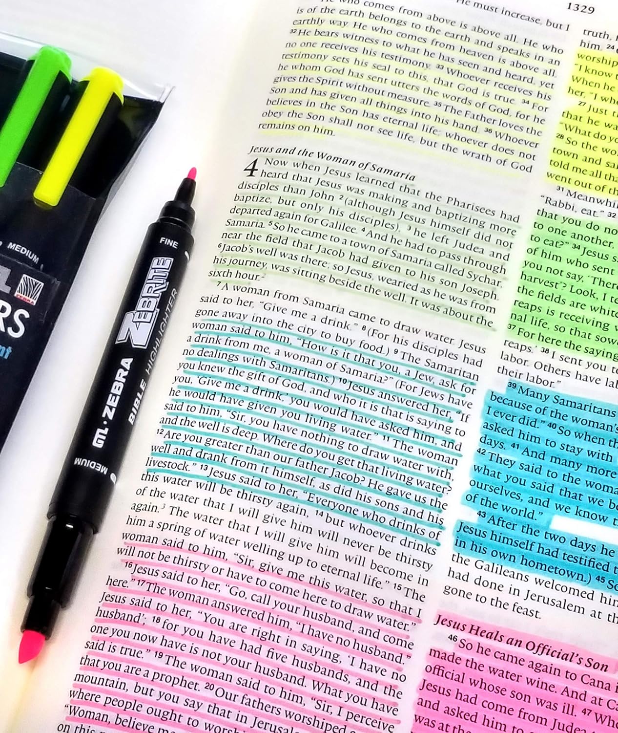 G.T. Luscombe Company, Inc. Zebrite Bible Marking Kit | No Bleed Pigmented Ink | No Fading or Smearing | Double Ended Highlighters, Note Pen & Books of the Bible Ruler/Bookmark (Set of 5 + Ruler)