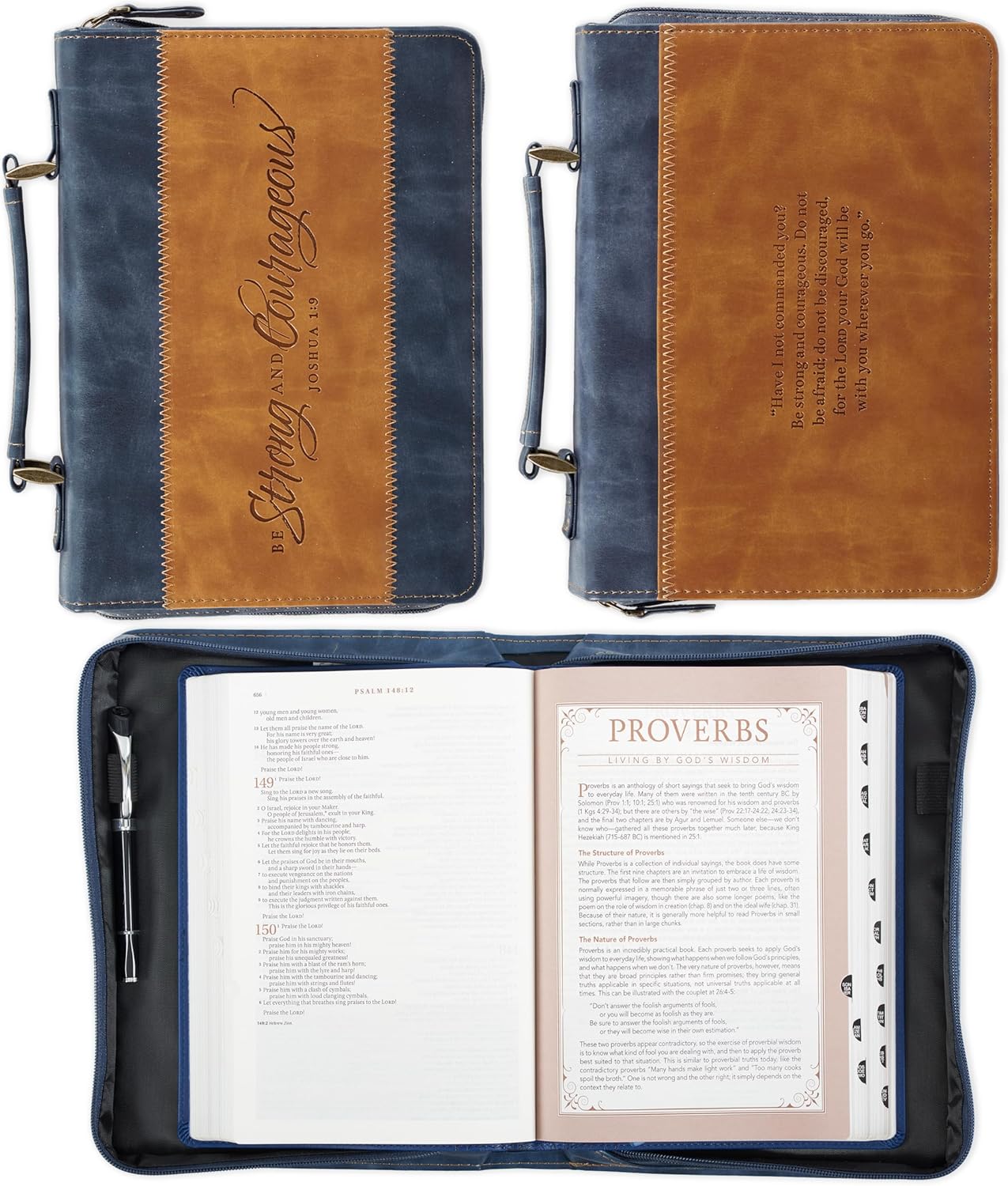 Strong and Courageous Butterscotch and Navy Classic Bible Cover - Joshua 1:9