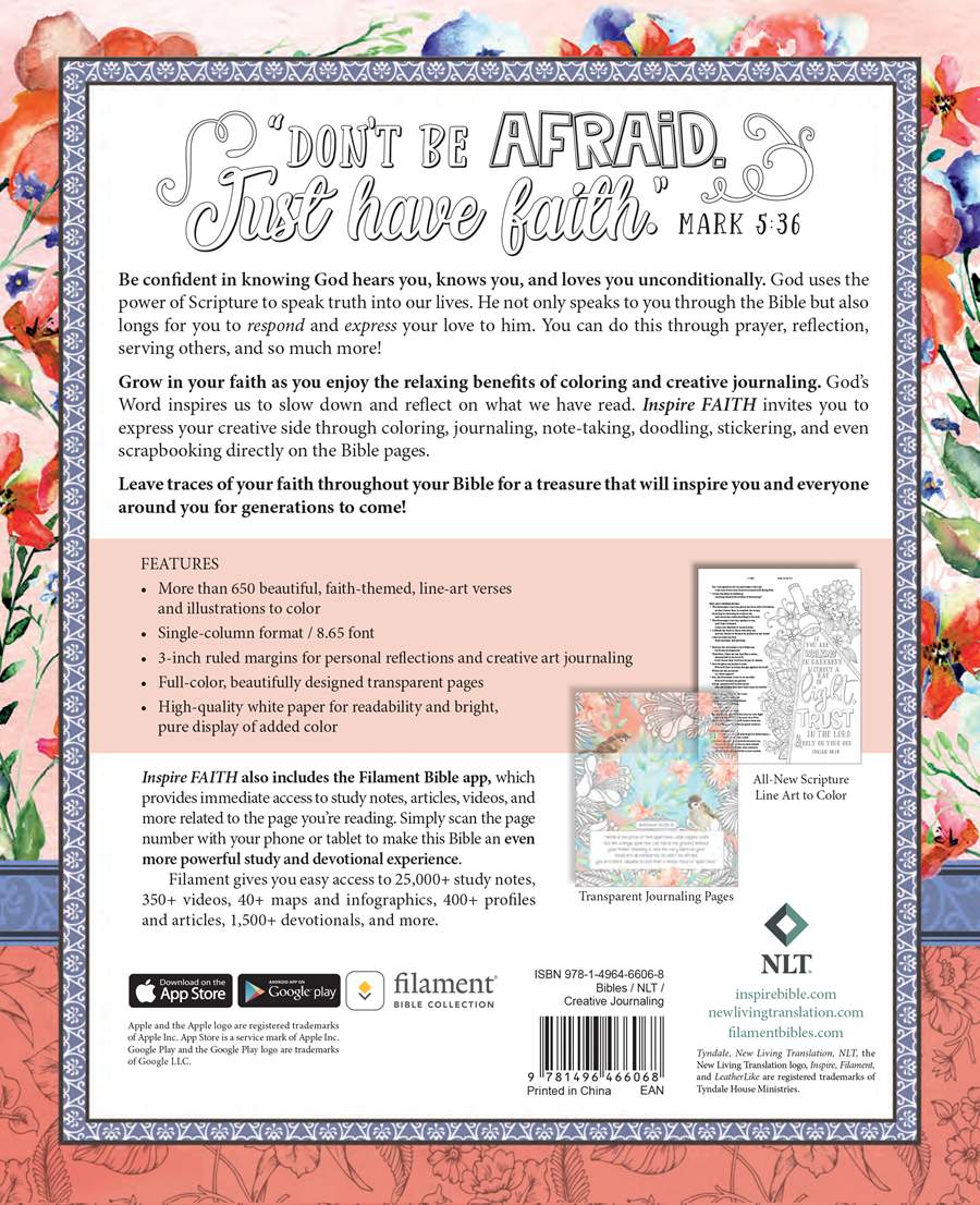 Inspire FAITH Bible NLT, Filament Enabled The Bible for Coloring & Creative Journaling