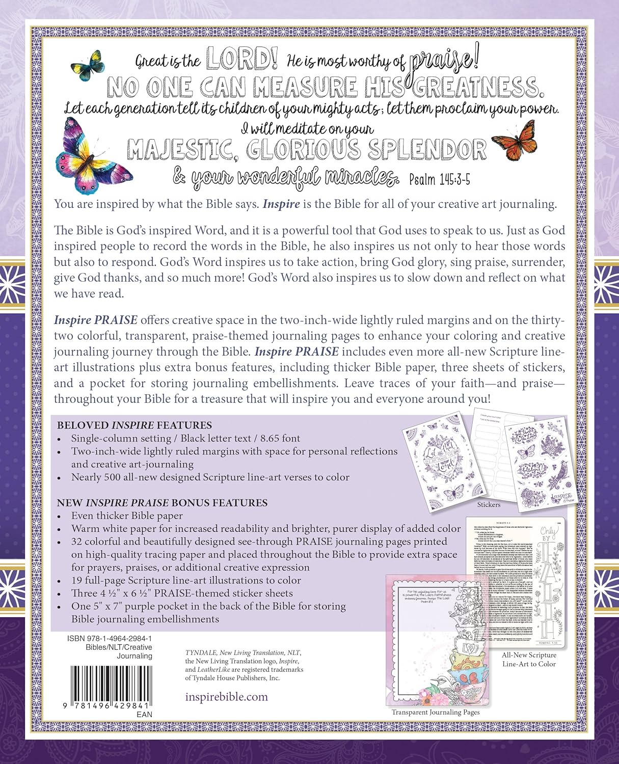 Tyndale NLT Inspire PRAISE Bible (LeatherLike, Purple Garden): Coloring Bible