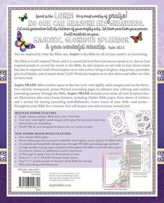 Tyndale NLT Inspire PRAISE Bible (LeatherLike, Purple Garden): Coloring Bible