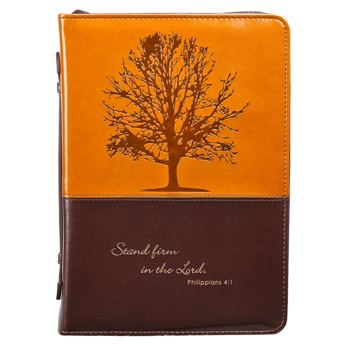 Stand Firm Two-tone Brown Faux Leather Classic Bible Cover - Philippians 4:1