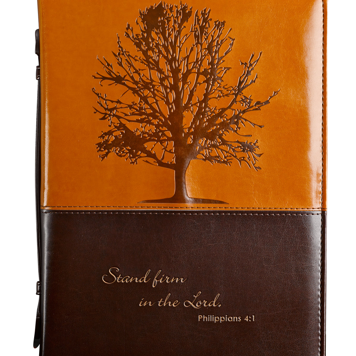 Stand Firm Two-tone Brown Faux Leather Classic Bible Cover - Philippians 4:1