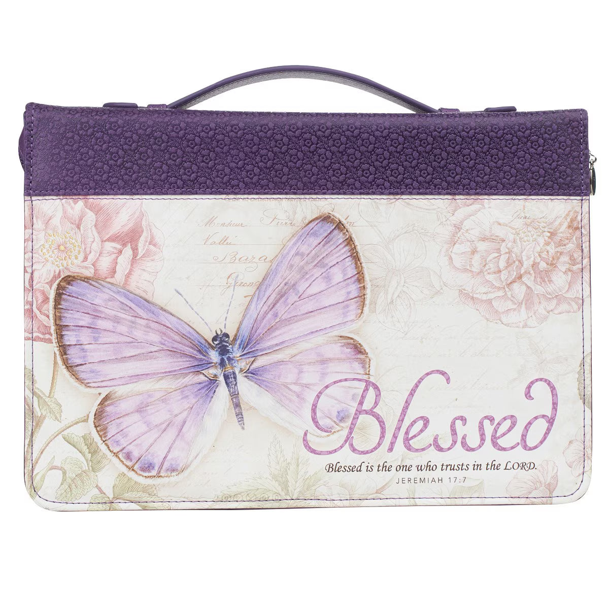 Blessed Purple Butterfly Blessings Faux Leather Fashion Bible Cover - Jeremiah 17:7 (Extra Large)