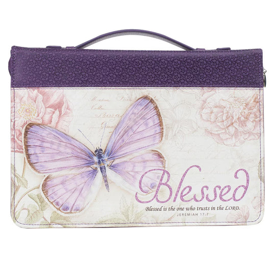 Blessed Purple Butterfly Blessings Faux Leather Fashion Bible Cover - Jeremiah 17:7 (Extra Large)