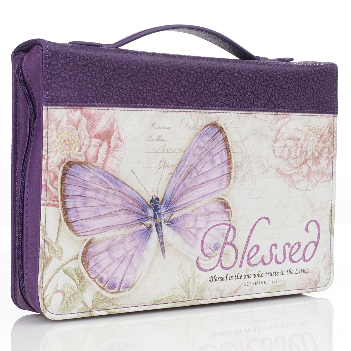 Blessed Purple Butterfly Blessings Faux Leather Fashion Bible Cover - Jeremiah 17:7 (Extra Large)