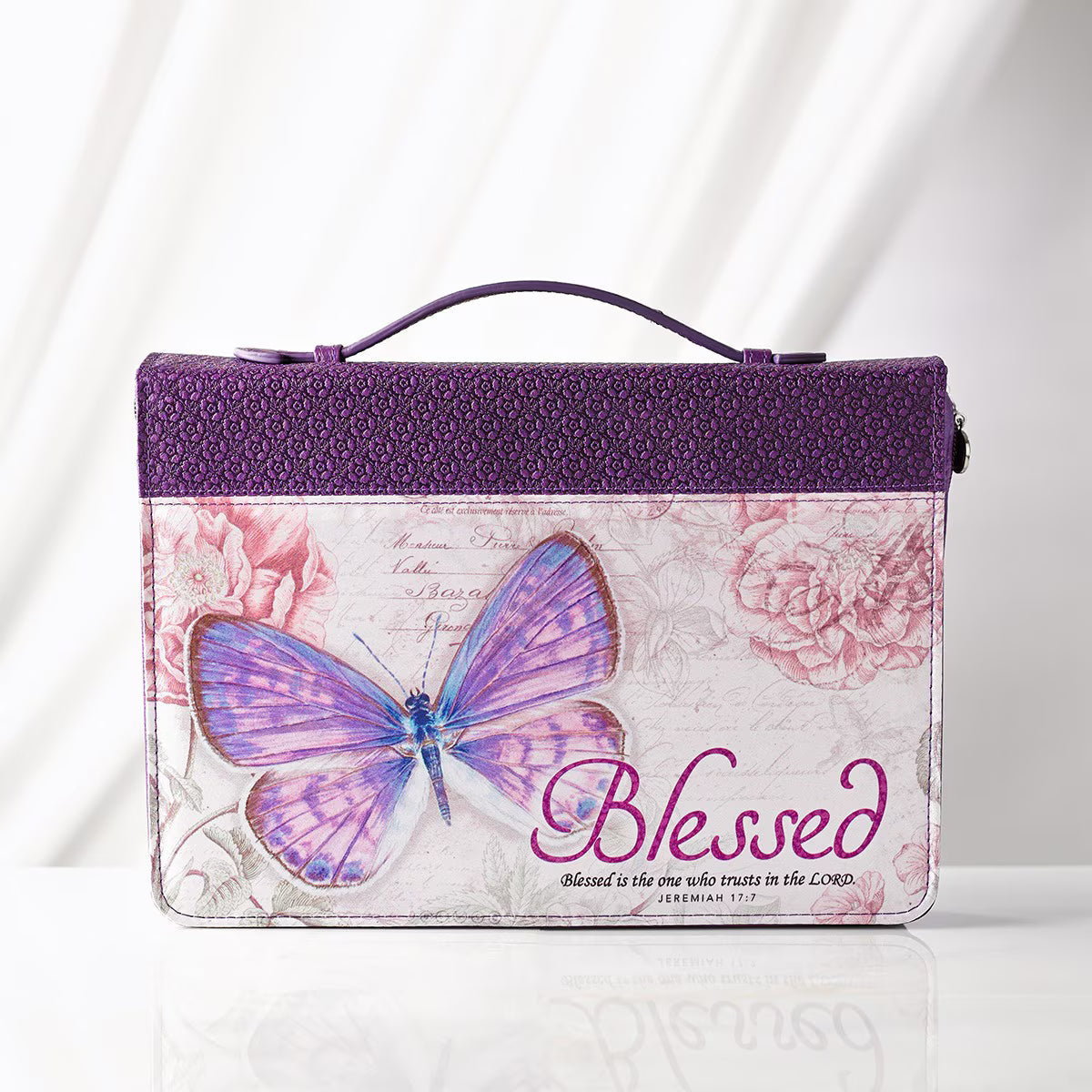 Blessed Purple Butterfly Blessings Faux Leather Fashion Bible Cover - Jeremiah 17:7 (Extra Large)