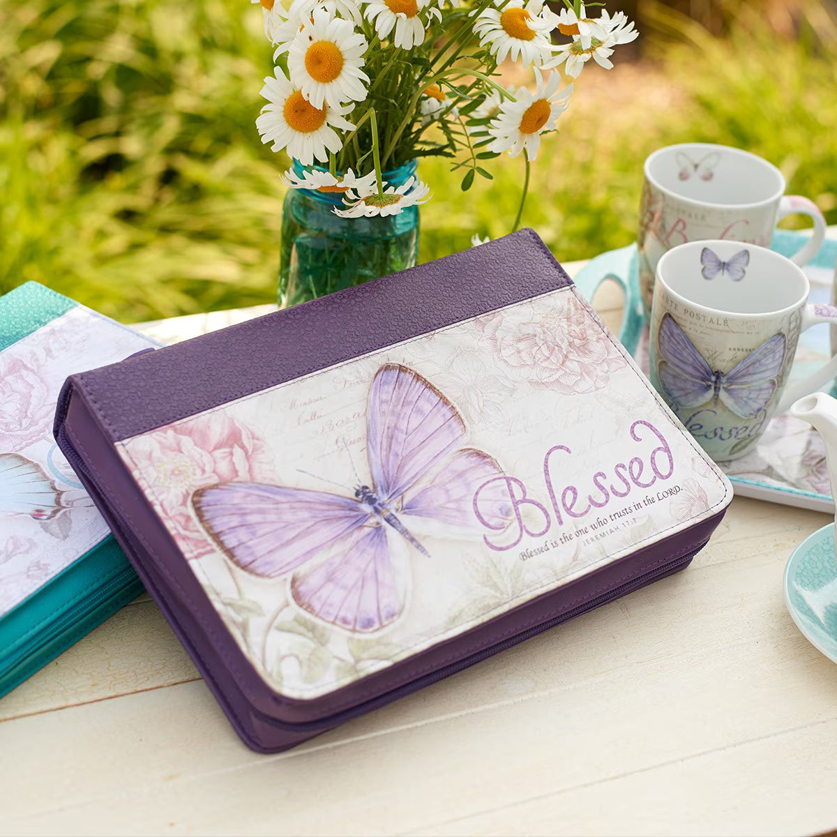 Blessed Purple Butterfly Blessings Faux Leather Fashion Bible Cover - Jeremiah 17:7 (Extra Large)