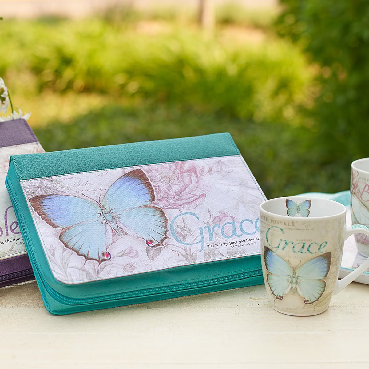 Grace Butterfly Blessings Teal Faux Leather Fashion Bible Cover - Ephesians 2:8