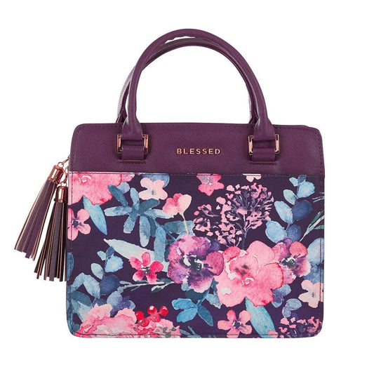 Blessed Purple Floral Faux Leather Purse-style Bible Cover (Large)