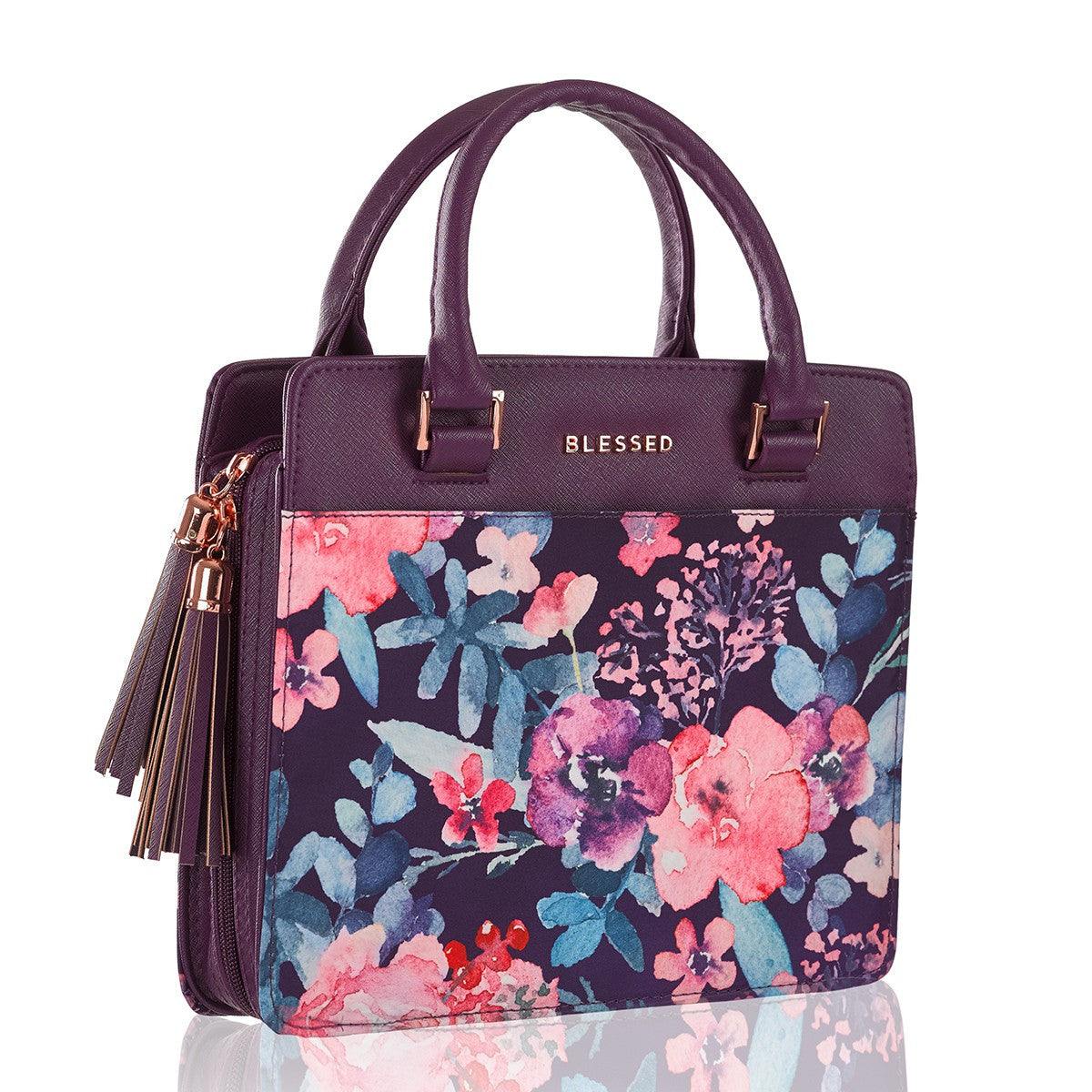Blessed Purple Floral Faux Leather Purse-style Bible Cover (Large)