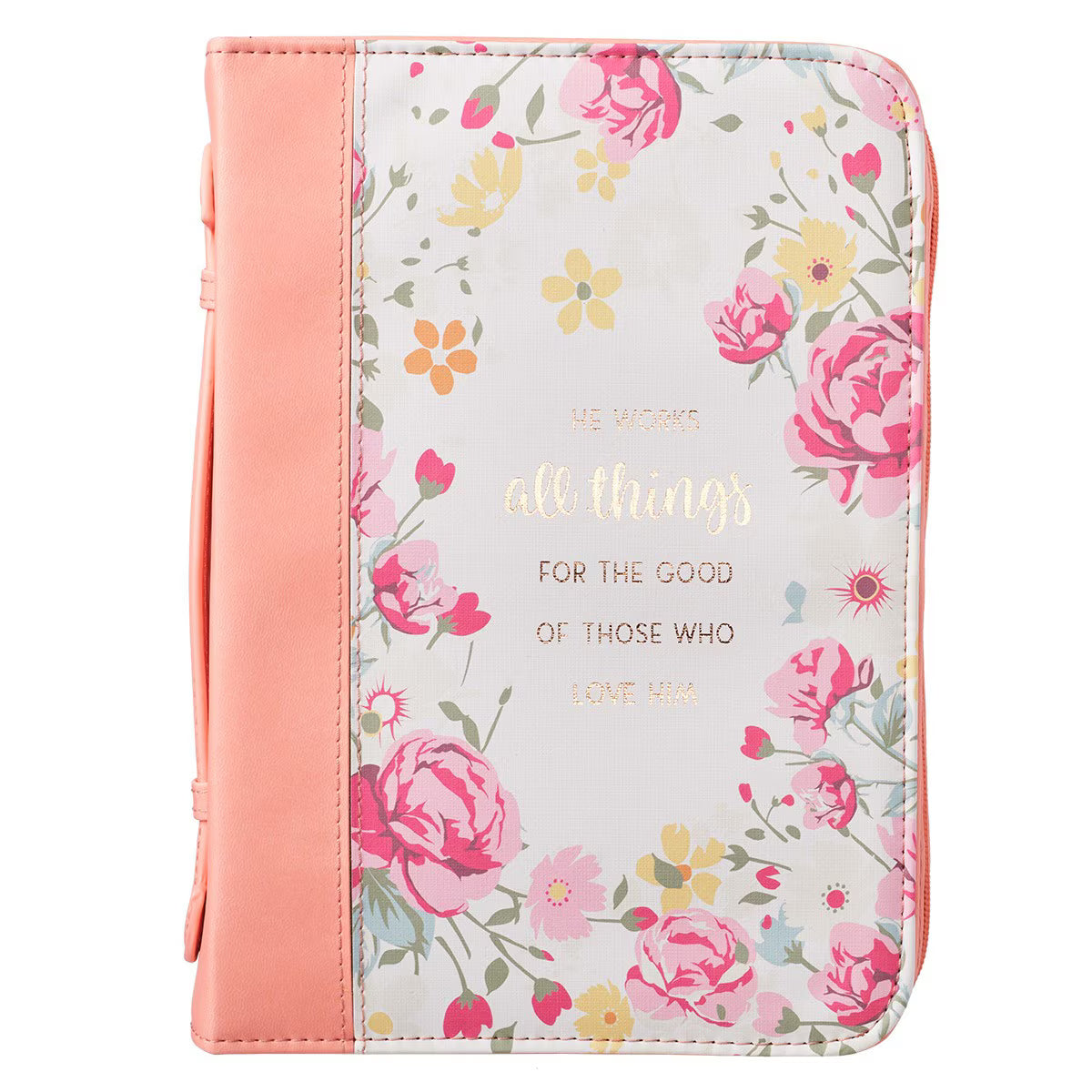 He Works All Things for Good Peach Floral Faux Leather Fashion Bible Cover - Romans 8:28 (Extra Large)