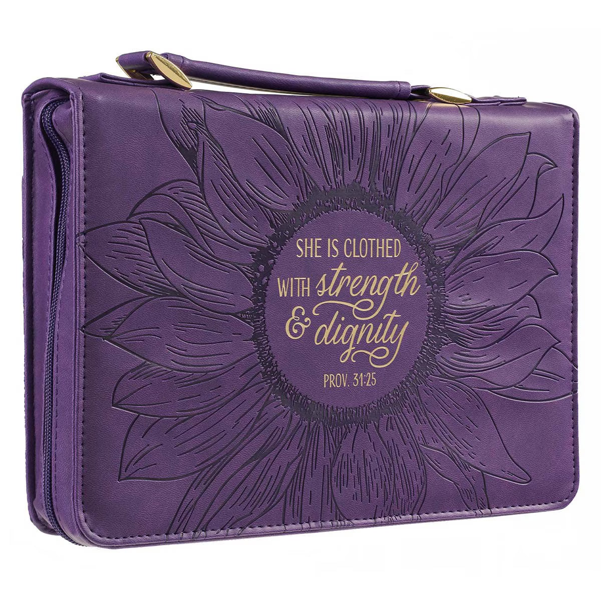 Purple Sunflower Strength & Dignity Faux Leather Fashion Bible Cover - Proverbs 31:25 (Extra Large)