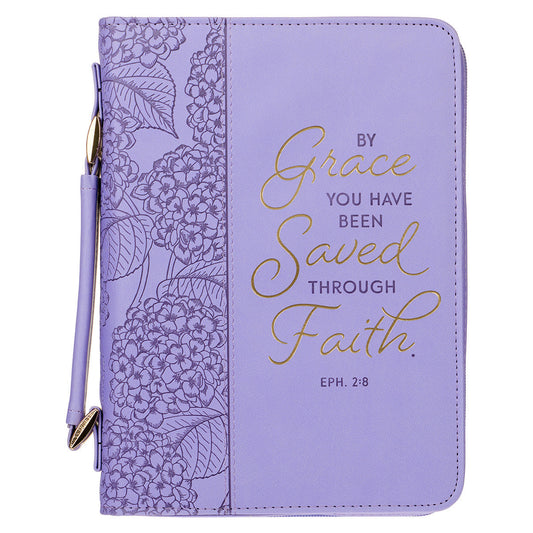 Saved by Grace Hydrangea Lavender Faux Leather Fashion Bible Cover - Ephesians 2:8 (Large)