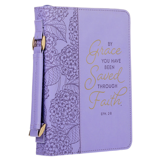 Saved by Grace Hydrangea Lavender Faux Leather Fashion Bible Cover - Ephesians 2:8 (Large)
