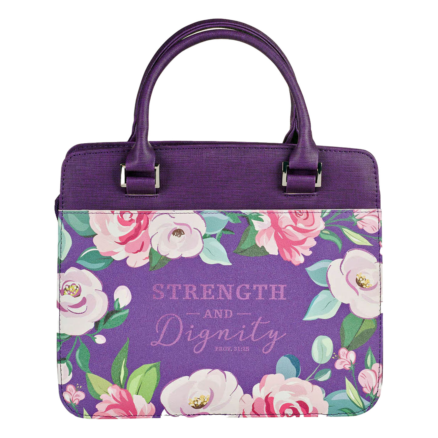 Strength and Dignity Purple Floral Purse-style Bible Cover - Proverbs 31:25 (Large)
