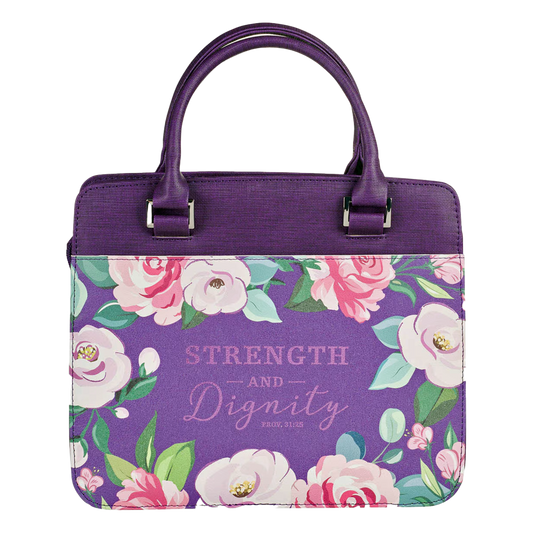 Strength and Dignity Purple Floral Purse-style Bible Cover - Proverbs 31:25 (Large)