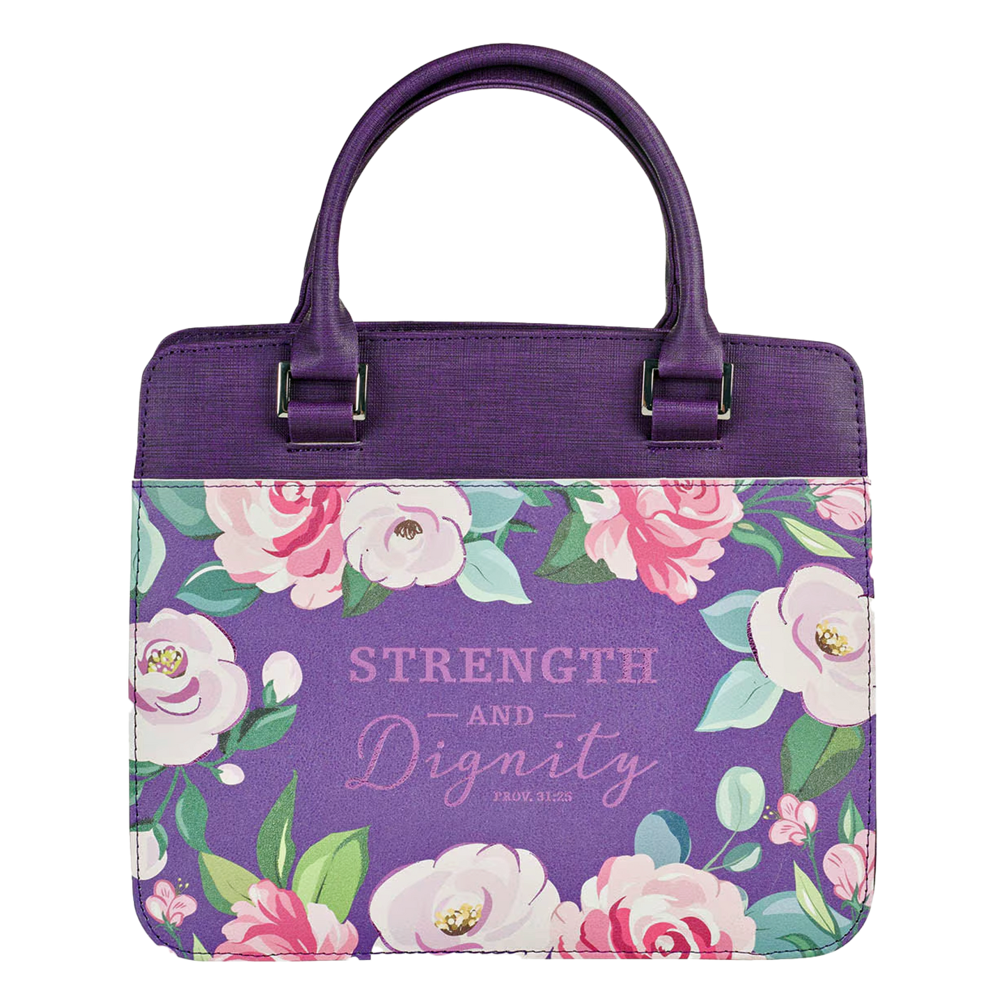 Strength and Dignity Purple Floral Purse-style Bible Cover - Proverbs 31:25 (Large)