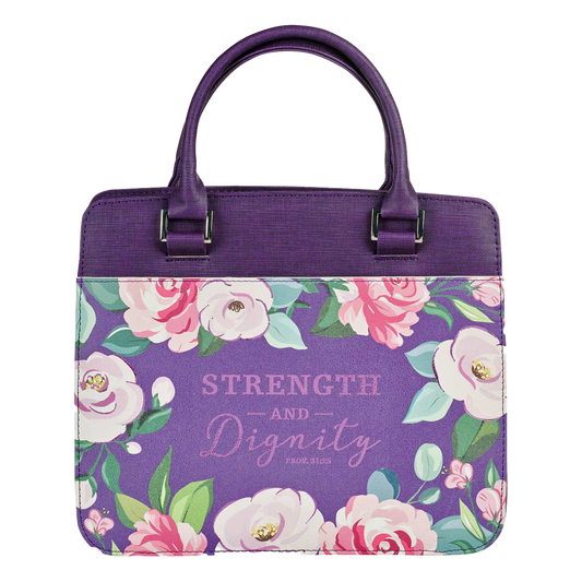 Strength and Dignity Purple Floral Purse-style Bible Cover - Proverbs 31:25 (Large)