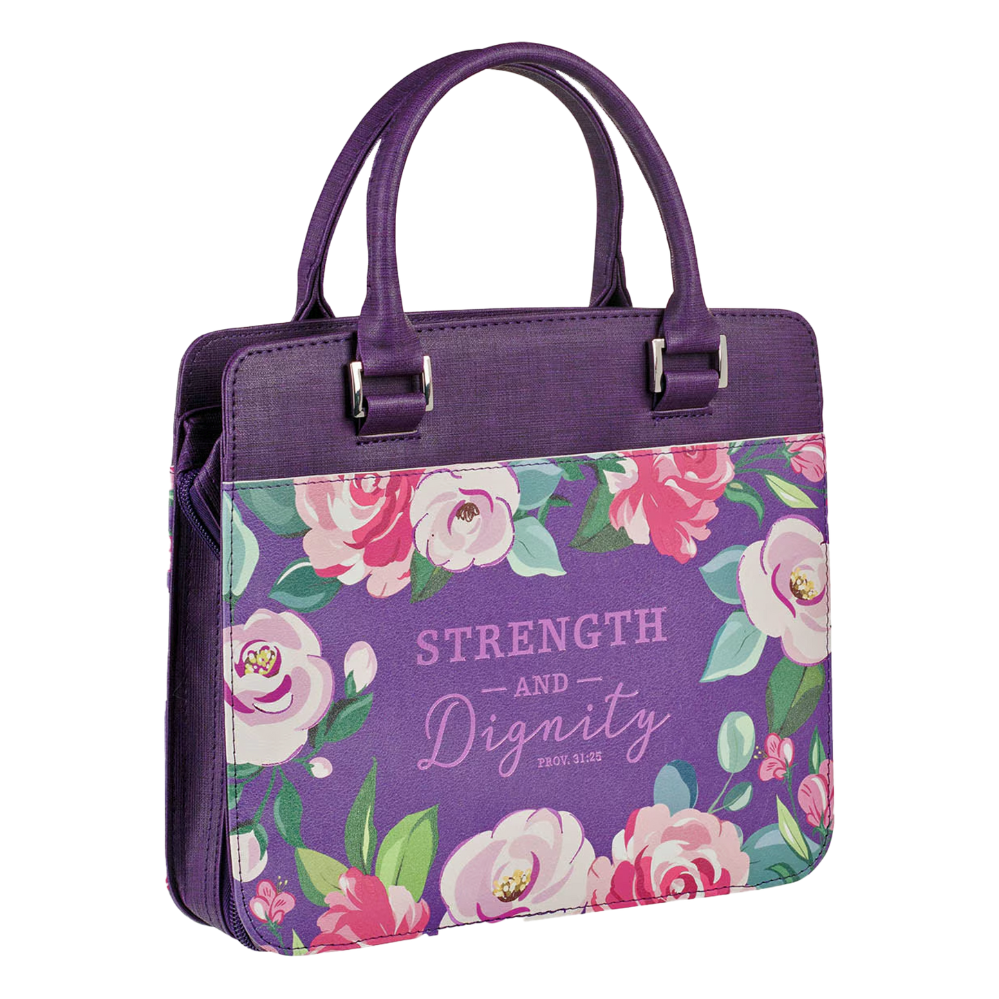 Strength and Dignity Purple Floral Purse-style Bible Cover - Proverbs 31:25 (Large)
