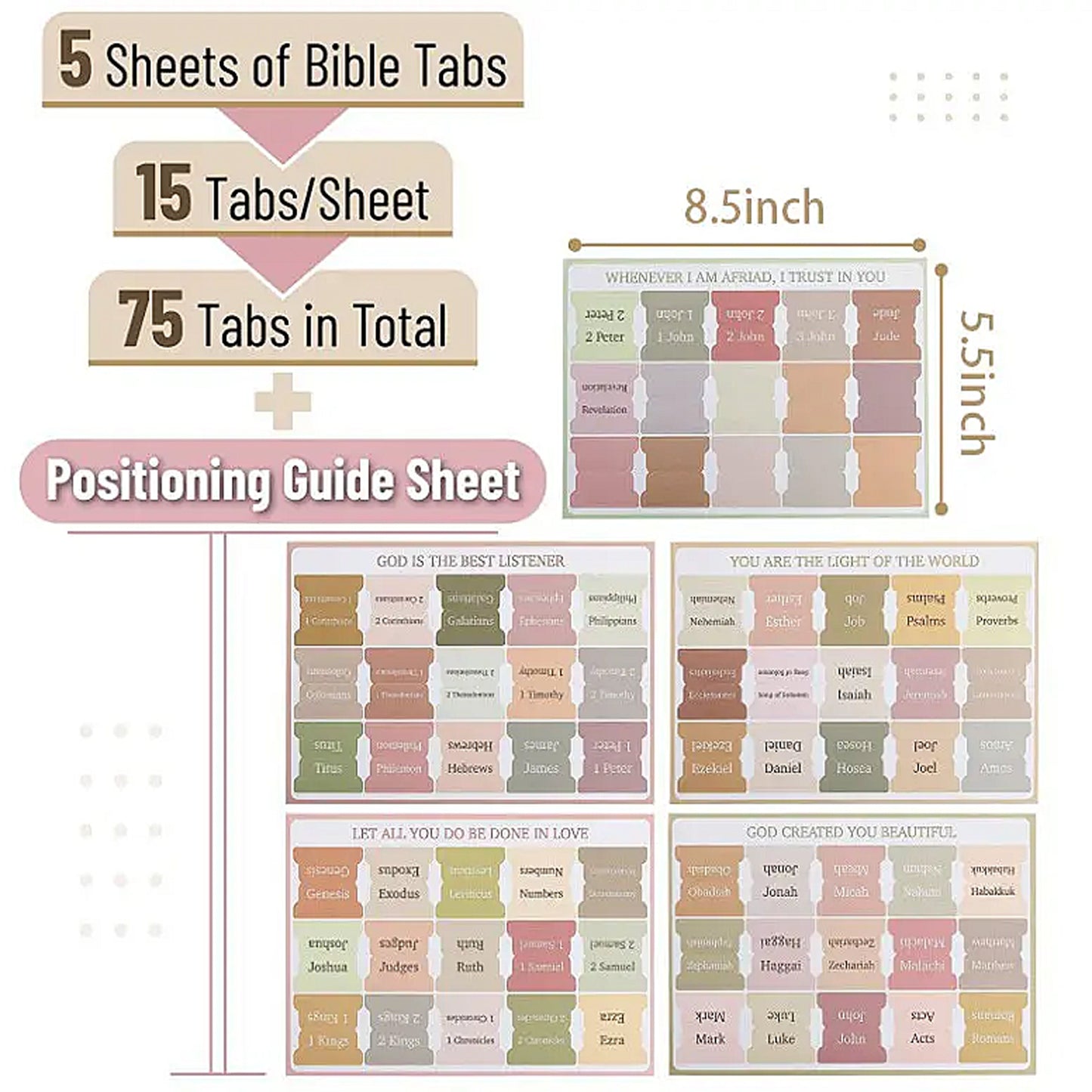 75 piece Bible Index Tabs New & Old Testament Tabs Matte Laminated
