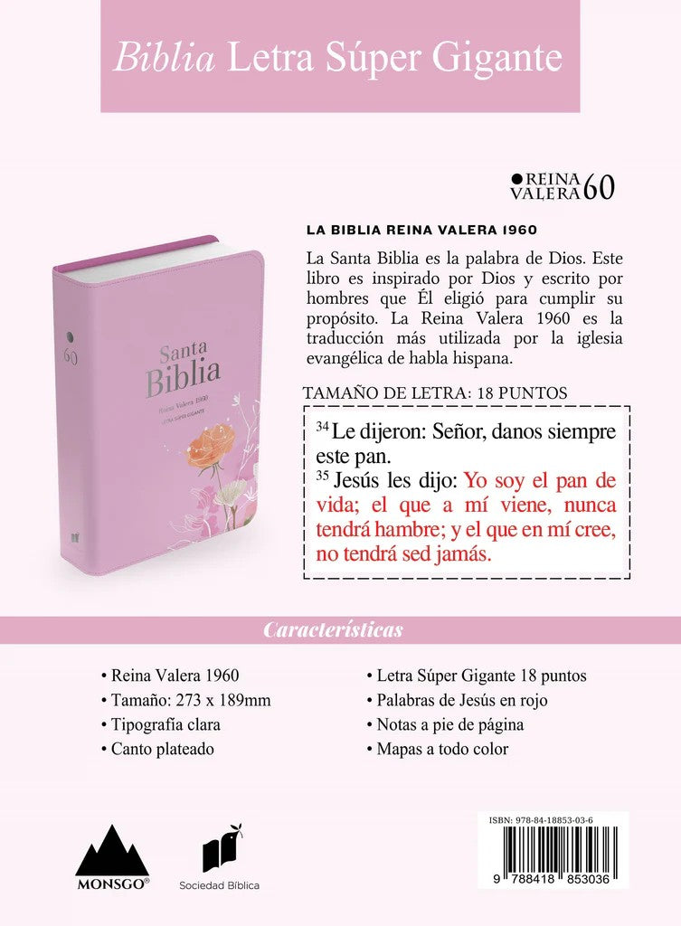 BIBLIA RVR 1960 LETRA SUPER GIGANTE SIMIL PIEL ROSA (Spanish)