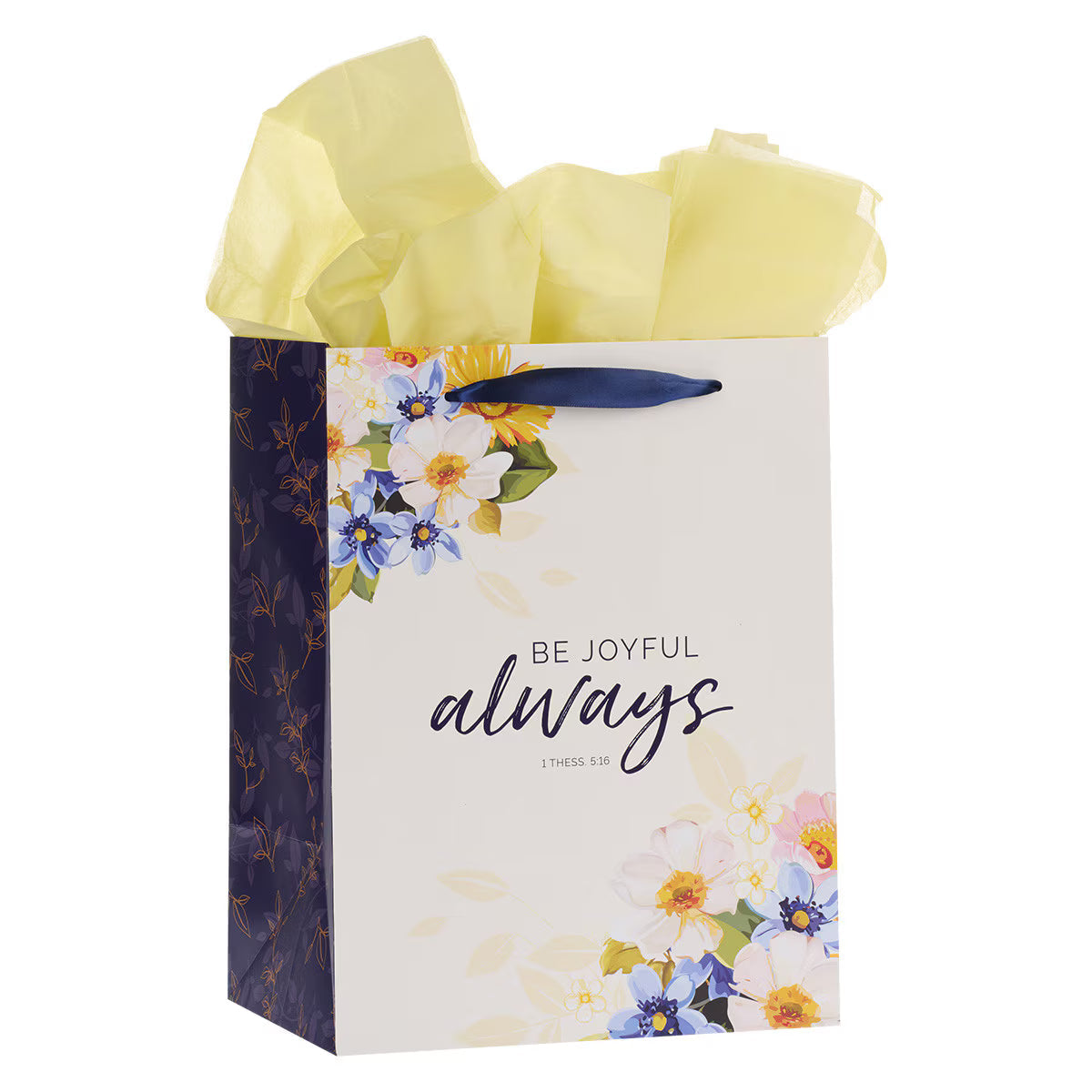 Be Joyful Always Yellow and Navy Blue Floral Portrait Gift Bag with Card Set