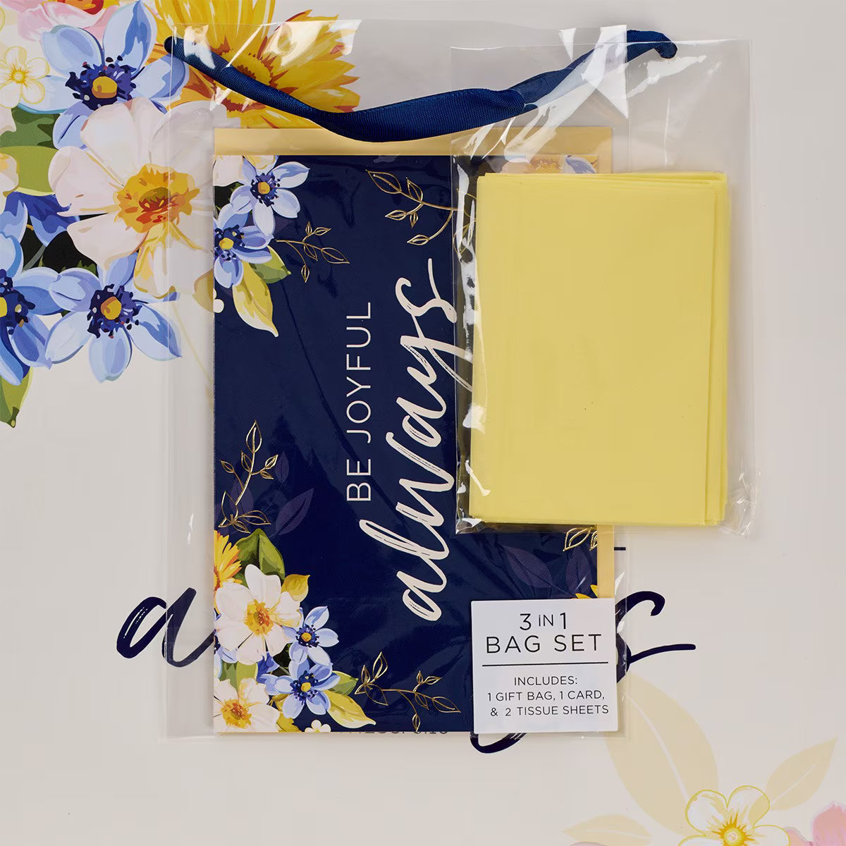 Be Joyful Always Yellow and Navy Blue Floral Portrait Gift Bag with Card Set