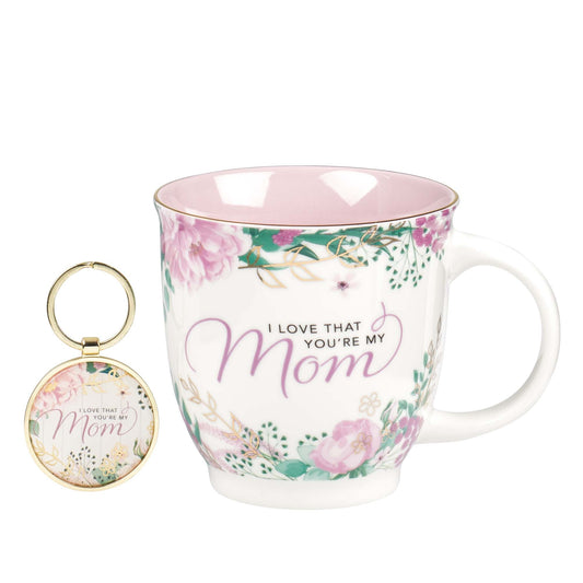 I Love That You're My Mom 2 Piece Gift Set: Floral Ceramic Mug w/Matching Keying