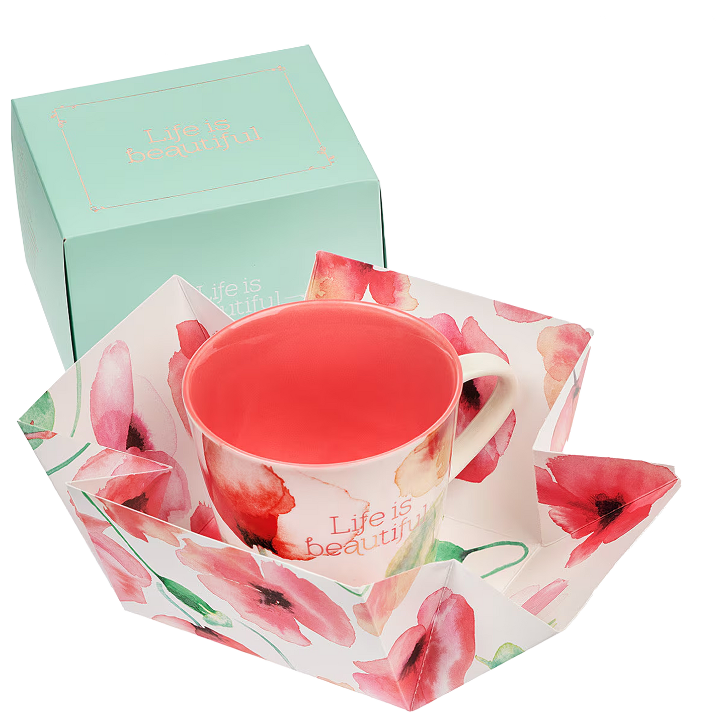 Life Is Beautiful Coral Poppies Ceramic Coffee Mug