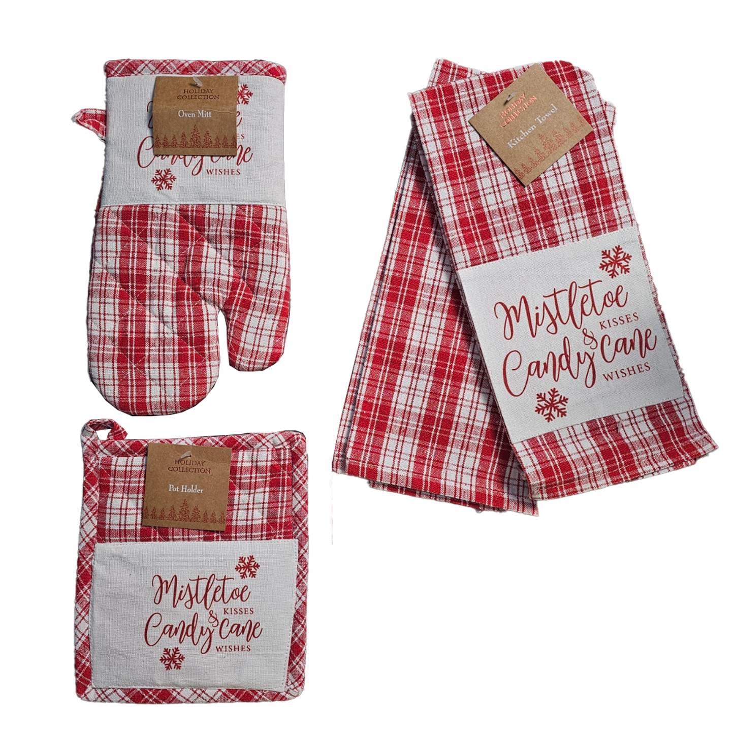 Holiday Collection Christmas Mistle Toe & Candy Cane Towels and Pot Holder Set: Plaid Country Cotton Towels