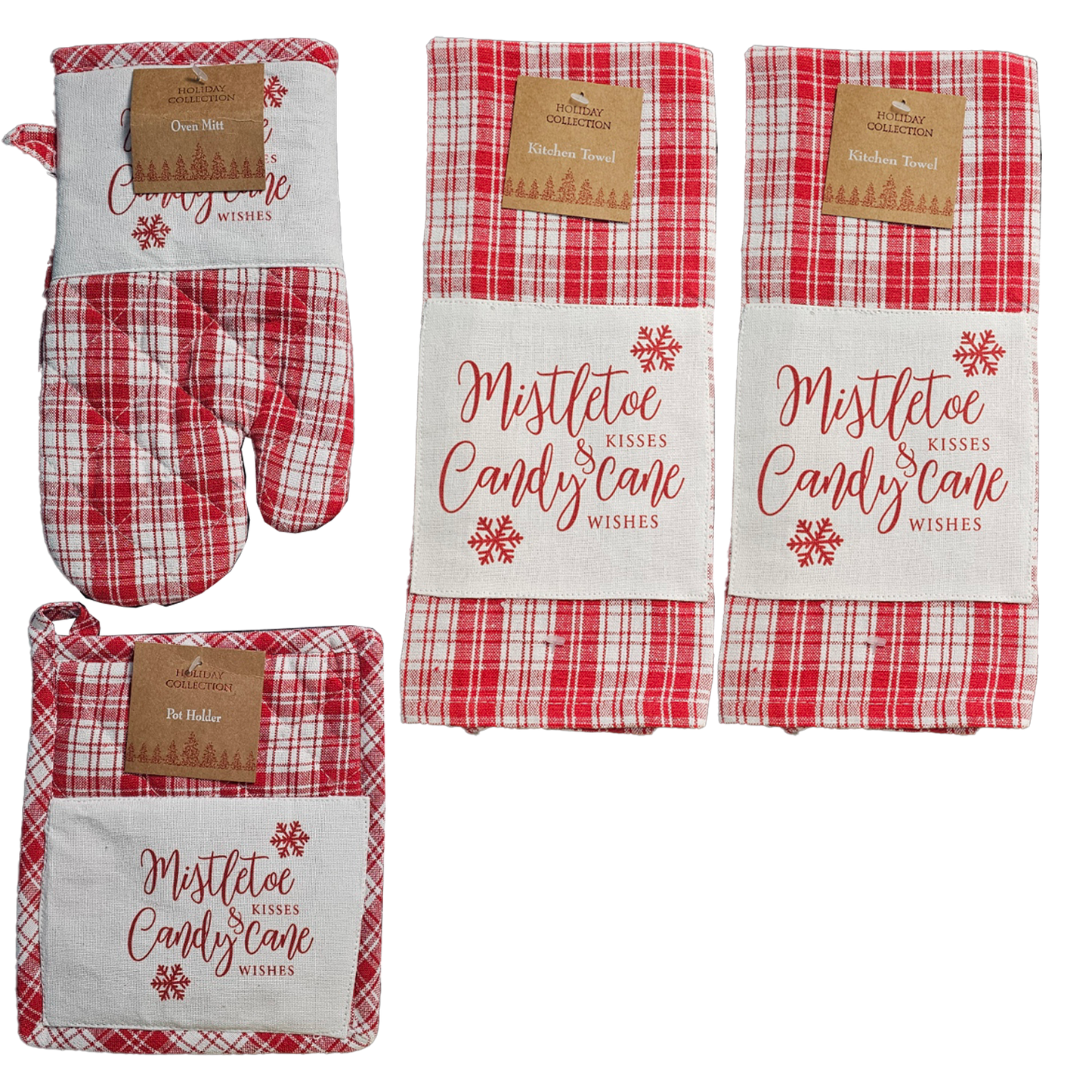 Holiday Collection Christmas Mistle Toe & Candy Cane Towels and Pot Holder Set: Plaid Country Cotton Towels
