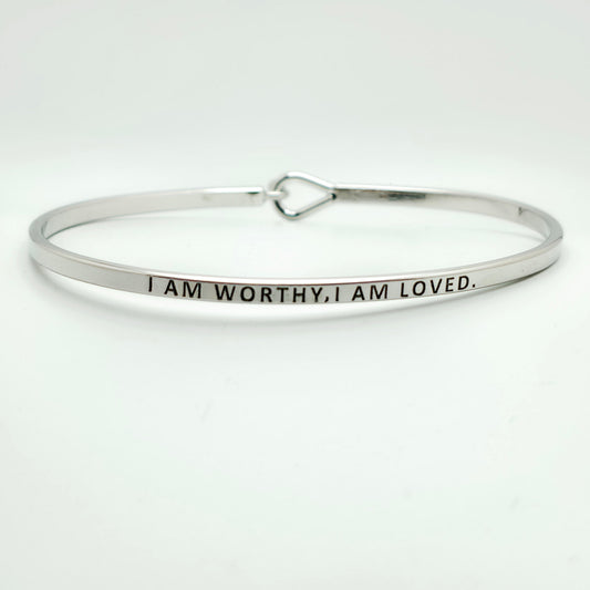 I AM WORTHY, I AM LOVED Inspirational Message Bracelet Positive Message Engraved Thin Bangle - Jewelry