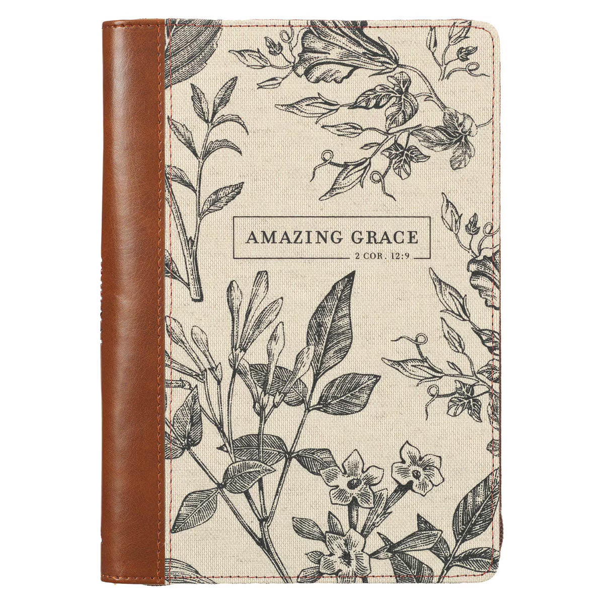 Amazing Grace Natural Canvas and Honey-brown Faux Leather Journal with Zipper Closure