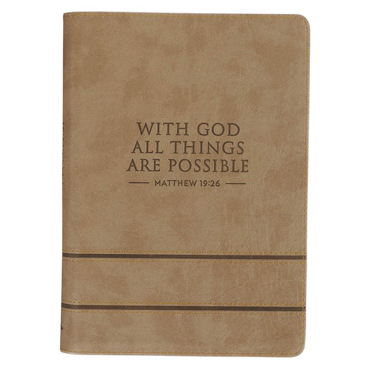 With God All Things Are Possible Tan Faux Leather Journal with Zipper Closure - Matthew 19:26