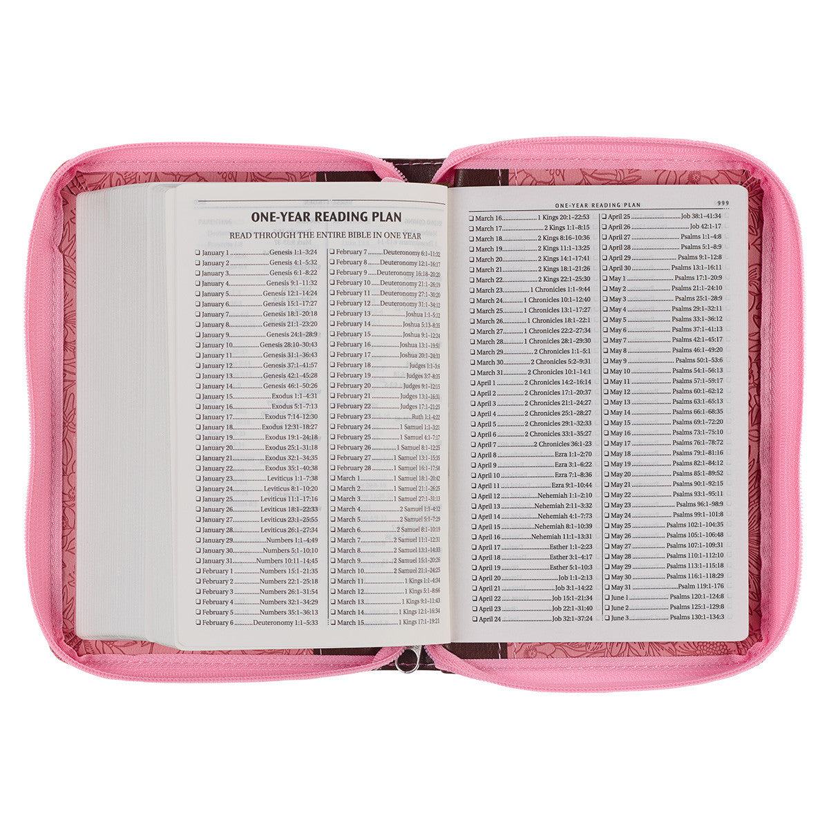 Pink and Saddle Tan Faux Leather Mini Pocket King James Version Bible with Zippered Closure