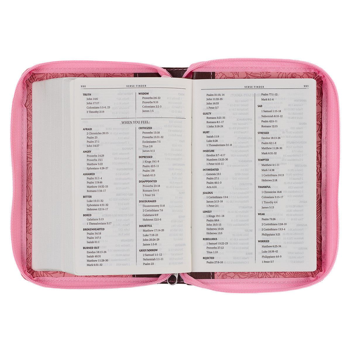 Pink and Saddle Tan Faux Leather Mini Pocket King James Version Bible with Zippered Closure