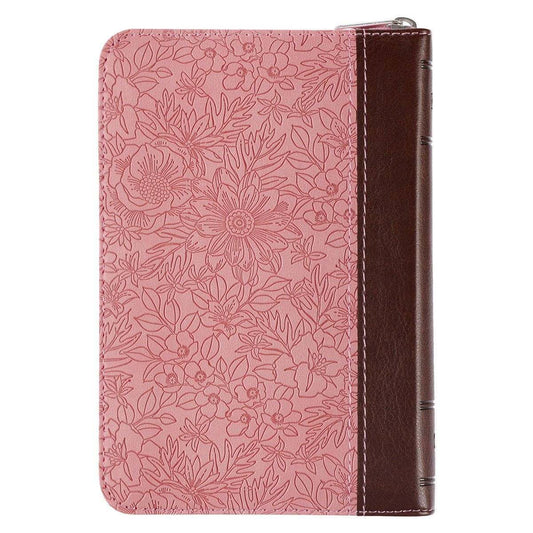 Pink and Saddle Tan Faux Leather Mini Pocket King James Version Bible with Zippered Closure
