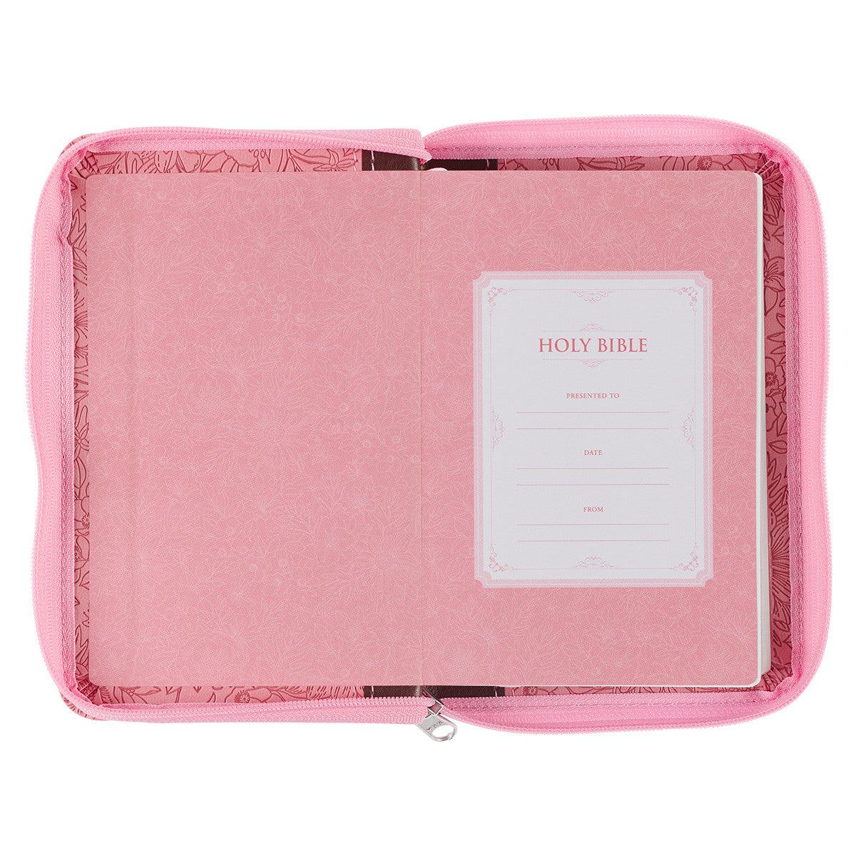 Pink and Saddle Tan Faux Leather Mini Pocket King James Version Bible with Zippered Closure
