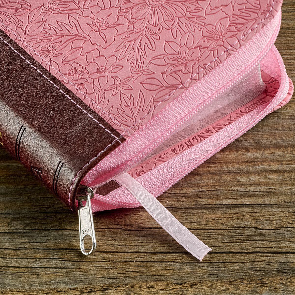 Pink and Saddle Tan Faux Leather Mini Pocket King James Version Bible with Zippered Closure