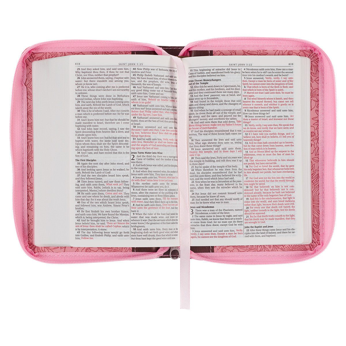 Pink and Saddle Tan Faux Leather Mini Pocket King James Version Bible with Zippered Closure