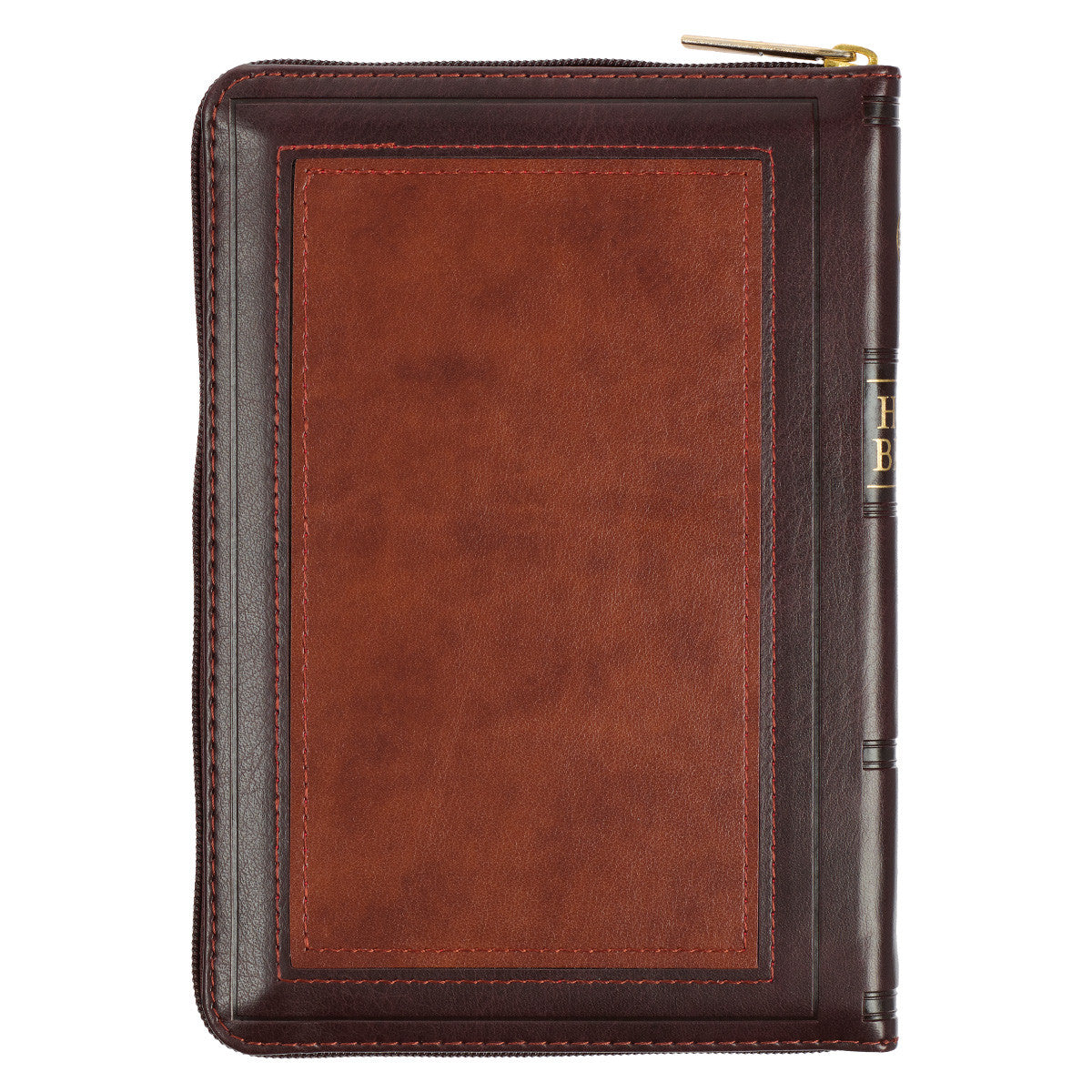 Burgundy and Saddle Tan Framed Faux Leather Compact King James Version Bible with Zippered Closure