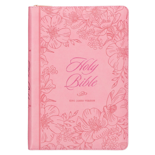 Sunrise Pink Faux Leather Large Print Thinline King James Version Bible with Zippered Closure and Thumb Indexj
